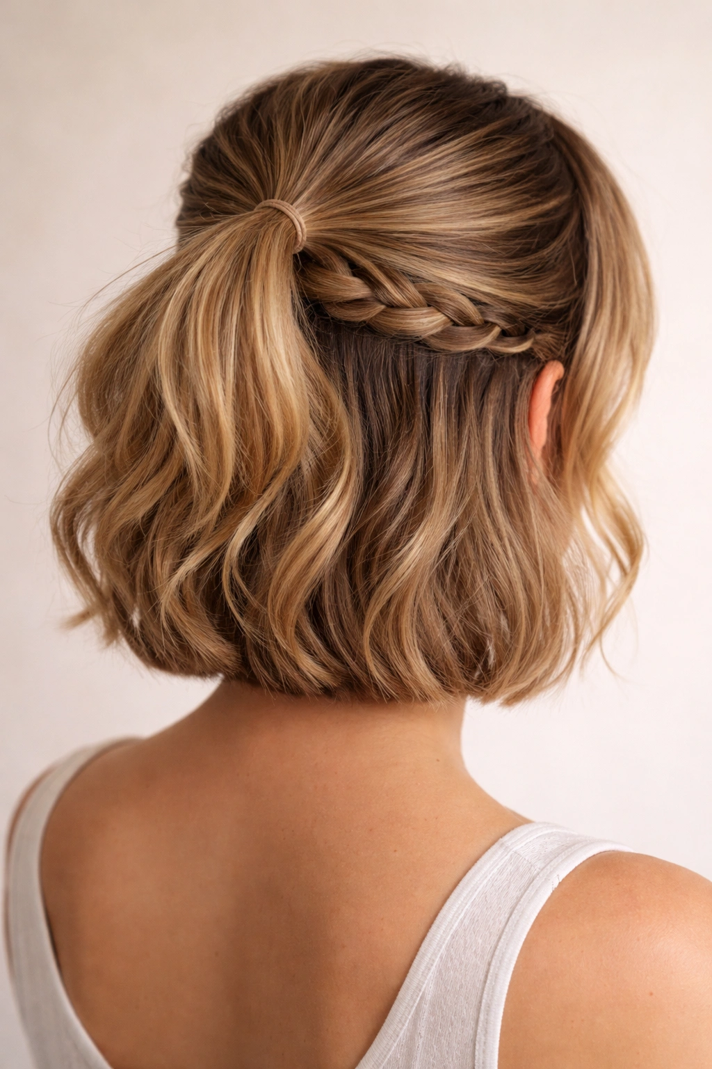 Back view of half ponytail with underside braid on textured bob