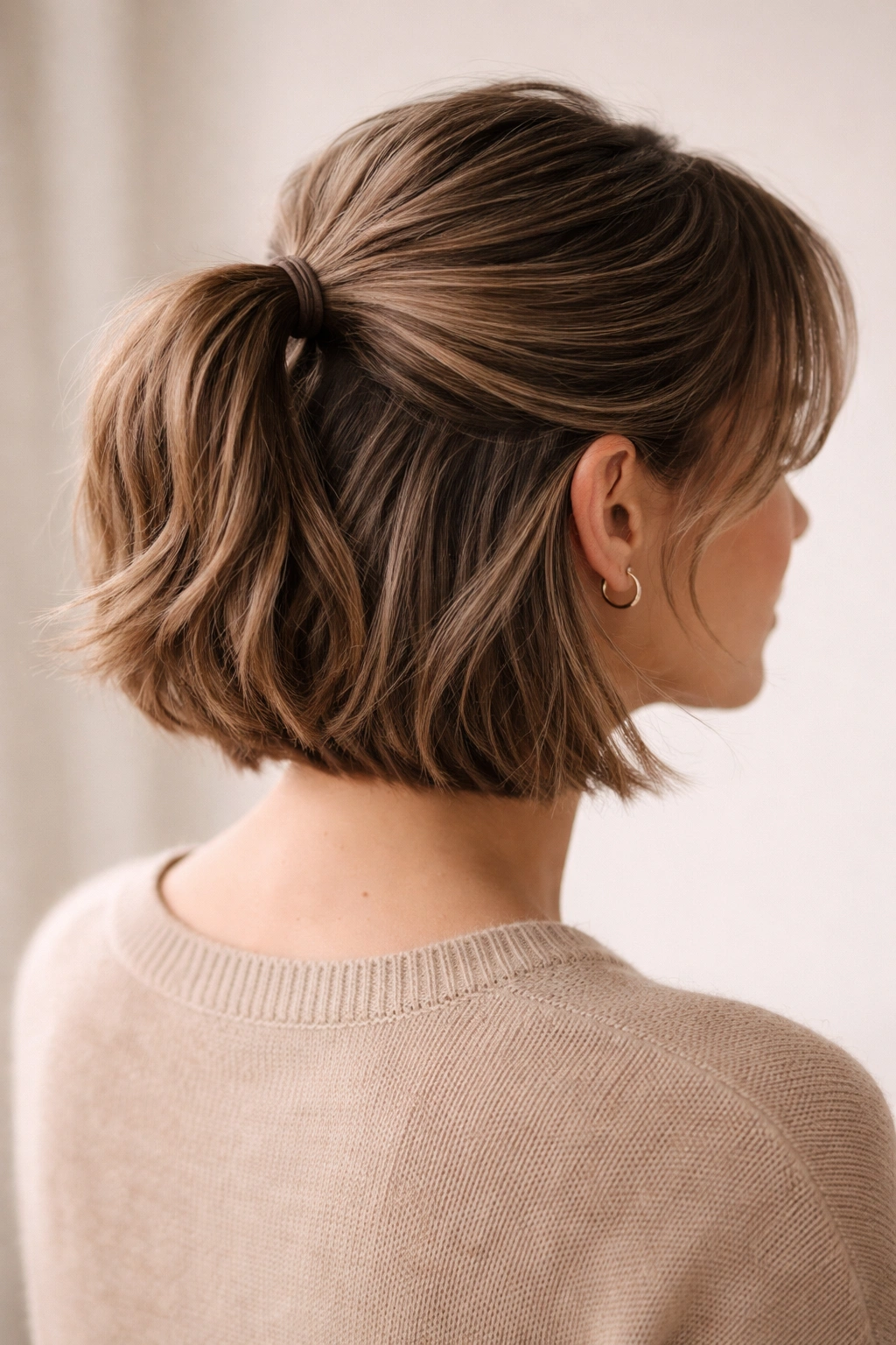Close-up of polished half ponytails on bob showing balanced ear-to-ear gathered hair with texture