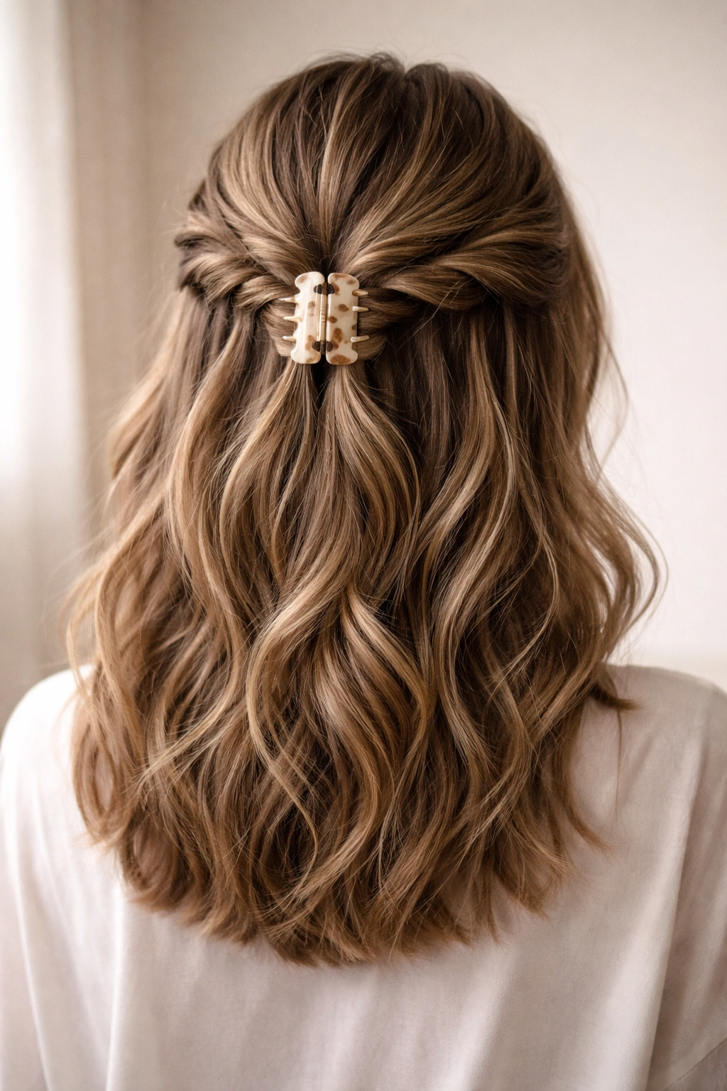 Back view of medium-length hair in a half-twisted waterfall secured with a claw clip