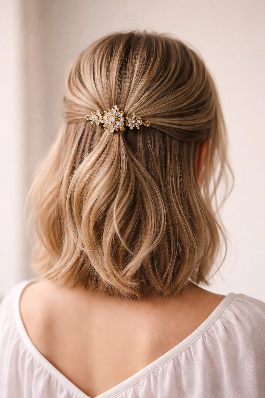 Half-up hairstyle with a single decorative accessory at the crown