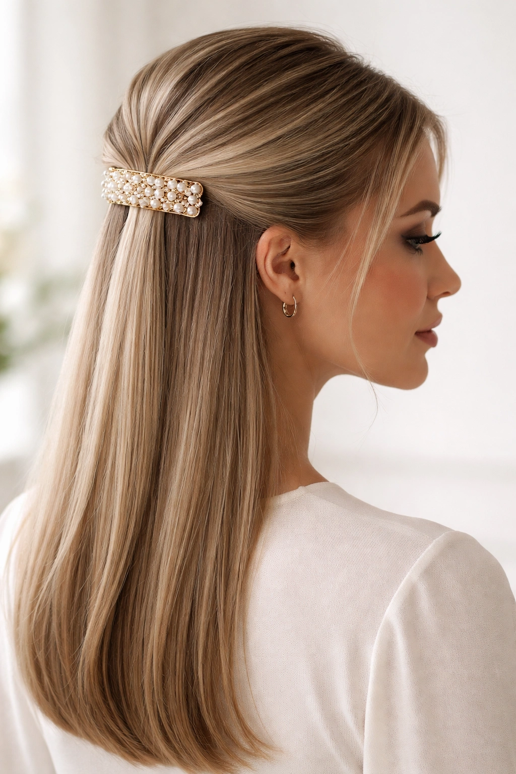 Half up hairstyle with a decorative clip accent on straight hair