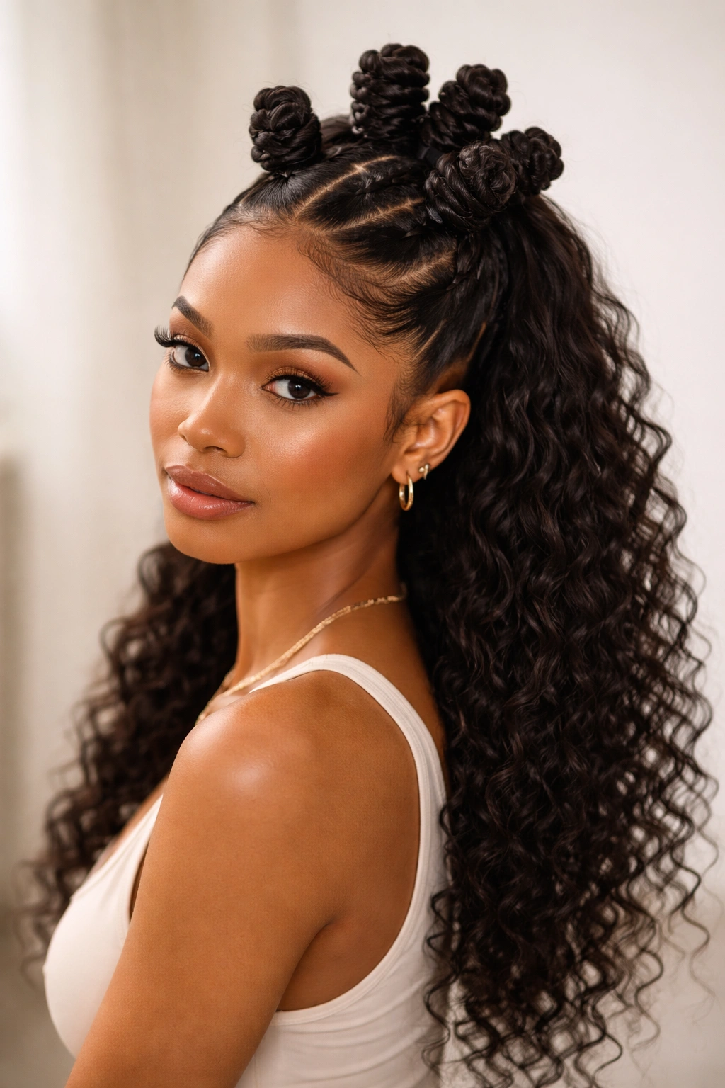 Top-half Bantu knots gathered into a half-up pony with bottom loose texture
