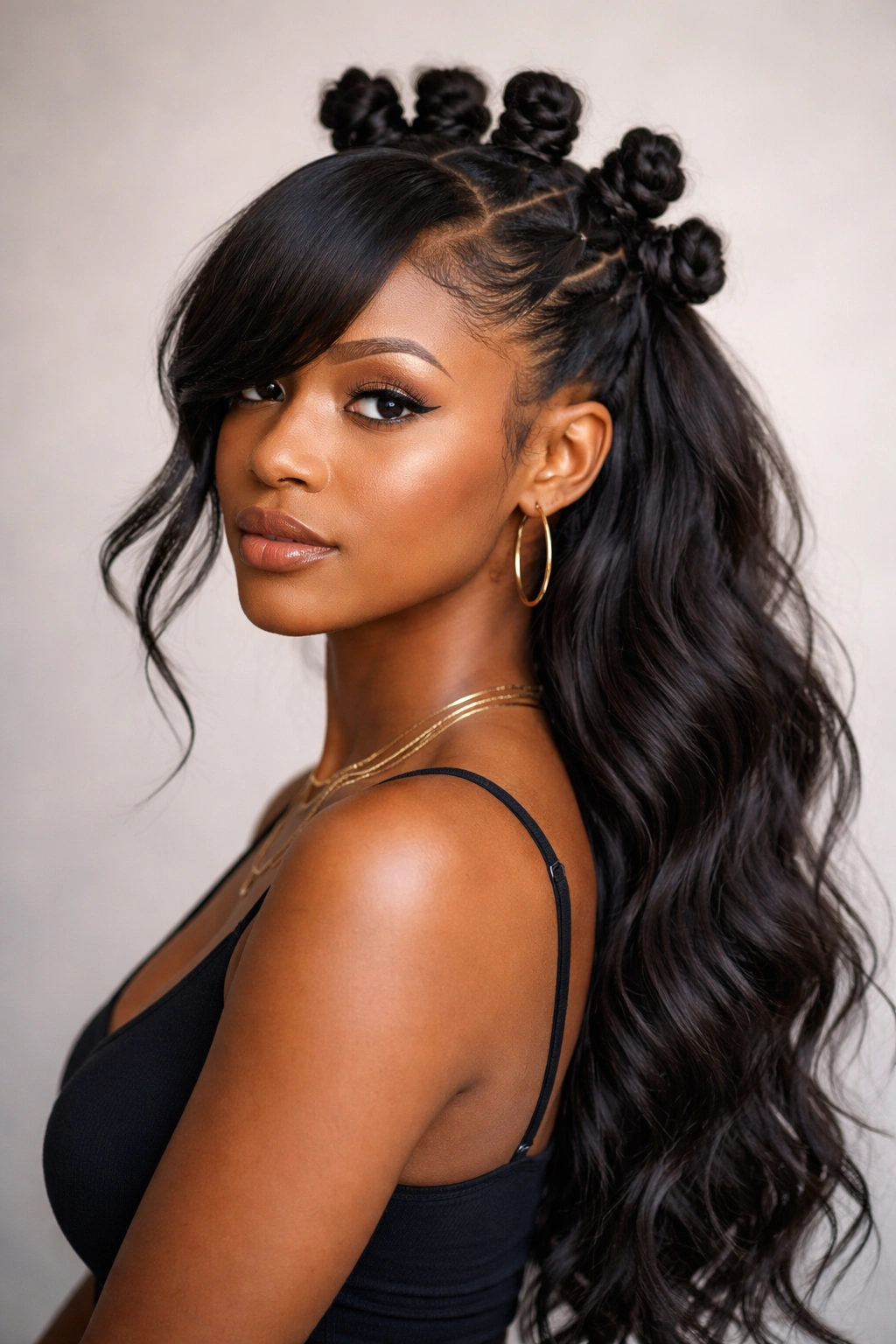 Half-up bantu knots with side bangs in a neutral studio