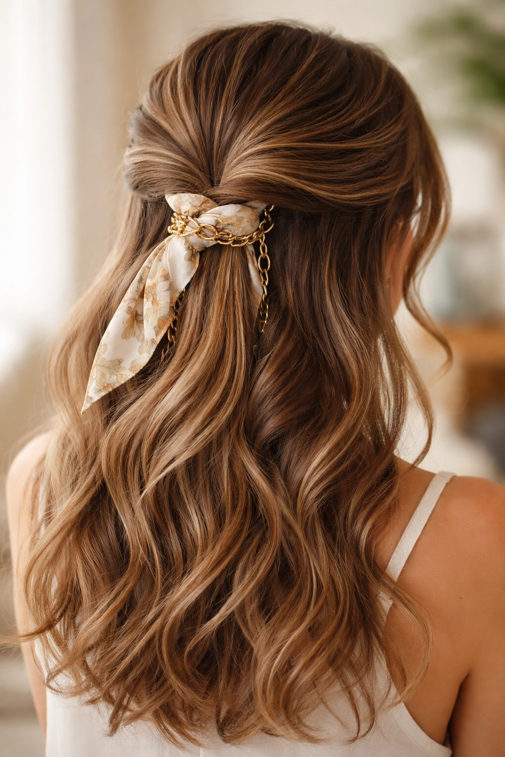 Half-up hairstyle with decorative base accessories like scarf or chain.