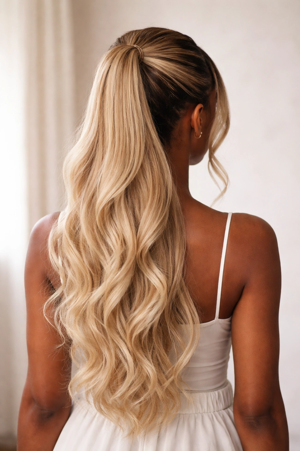 Back view of a blonde half-up half-down ponytail with a crown elastic