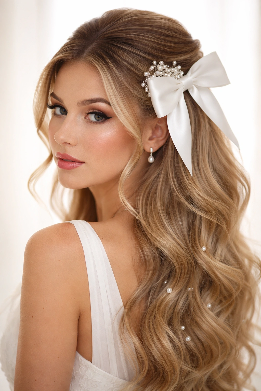 Half-up hairstyle with central bow, pearl comb, and jewels in curls