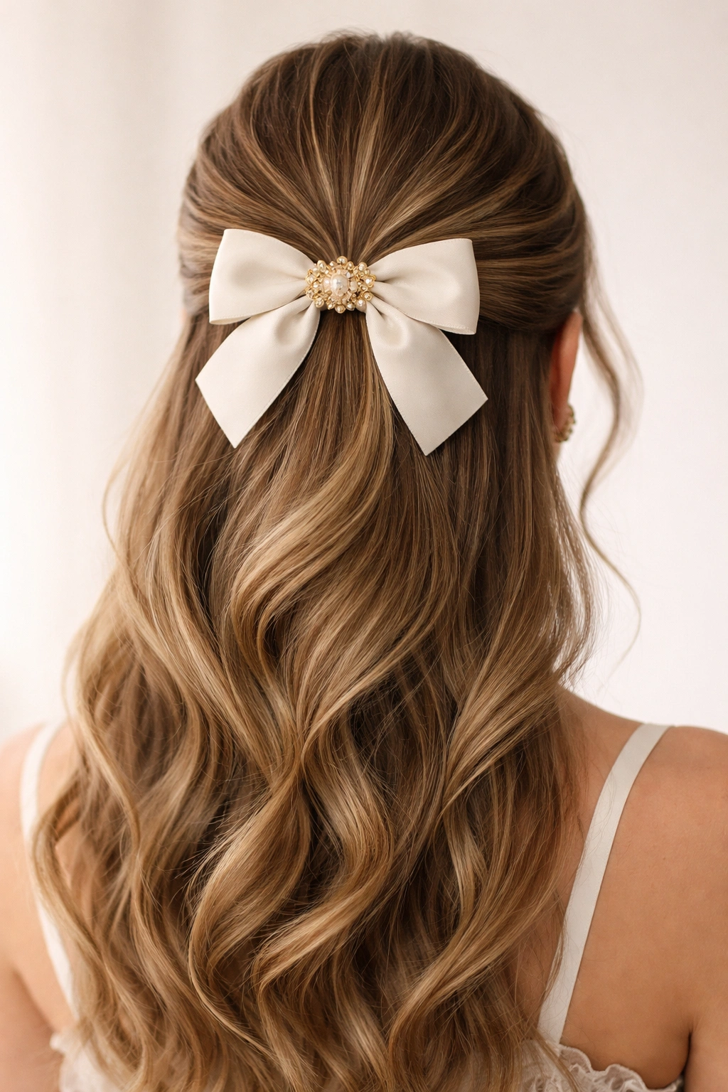 Close-up of half-up hairstyle secured by a decorative bow clip at the crown