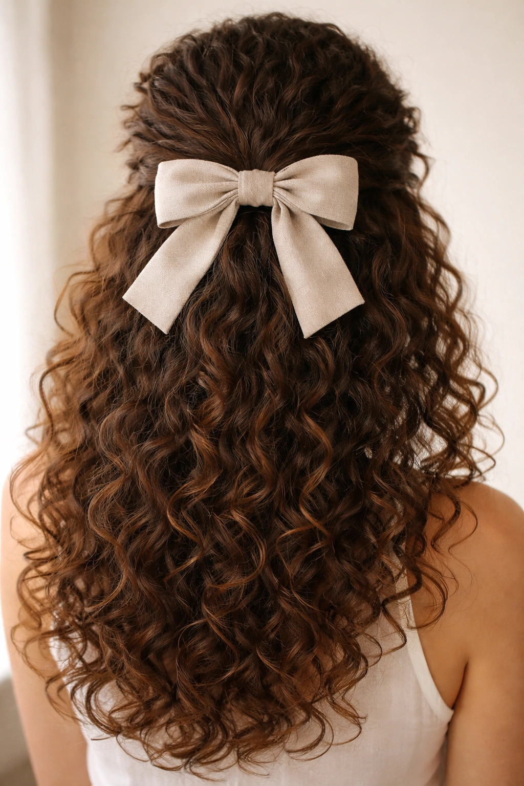 Close-up of wrapped half-up bow hairstyle on curly hair with fabric wrap