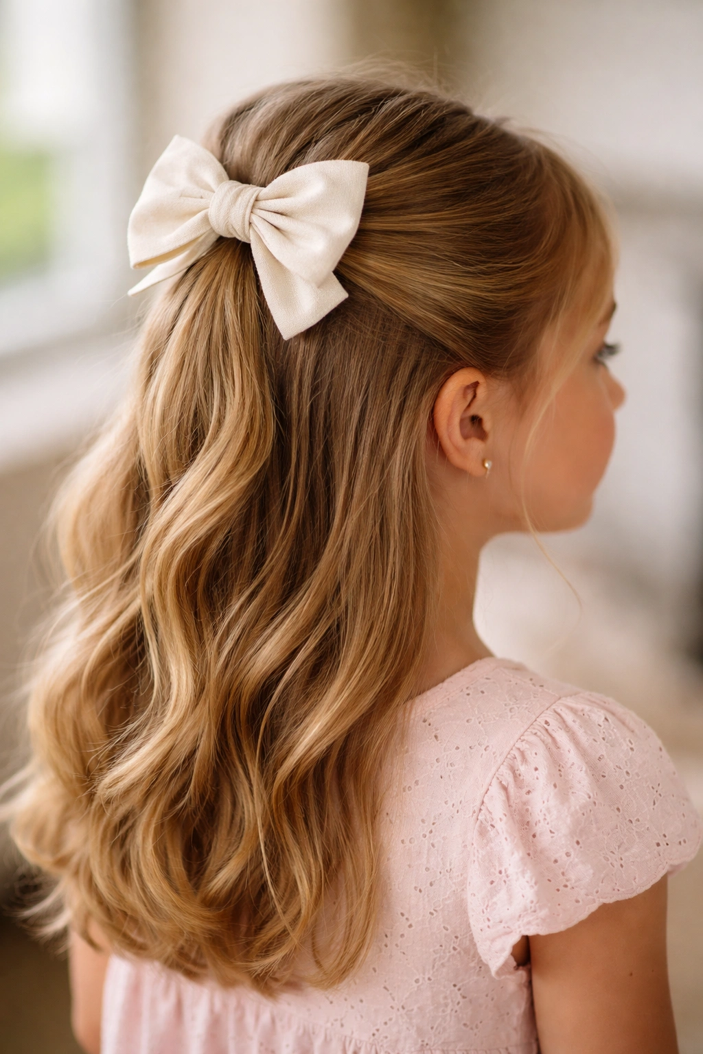 Child wearing a bow at the base of a half-up ponytail
