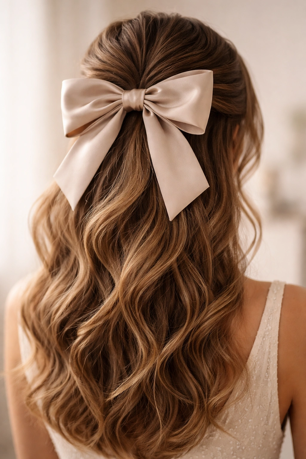 Bold oversized satin bow anchors a textured half-up hairstyle