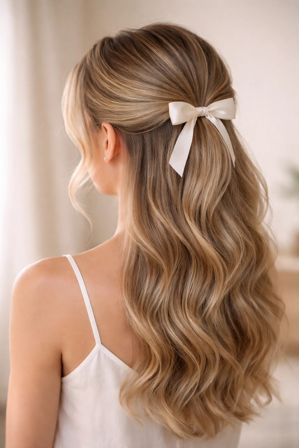 Half-Up Half-Down hairstyle with delicate bow and soft waves