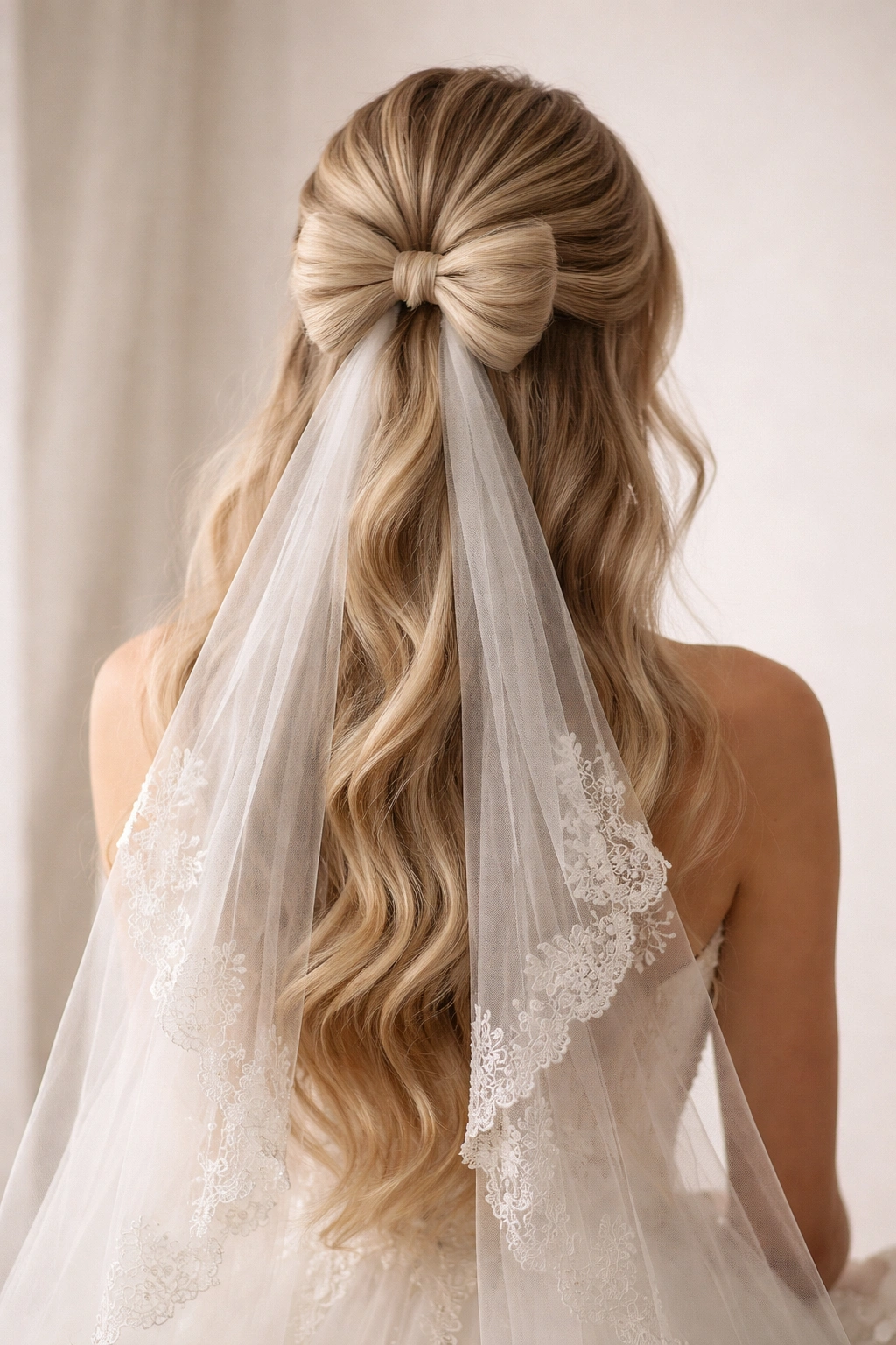 Close-up of half up bow with a hair-made crown bow and lace-beaded veil
