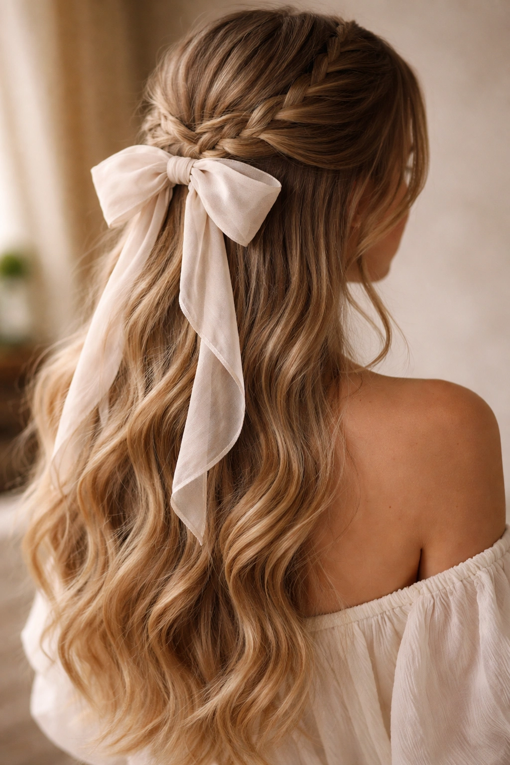 Half-up braid with cascading bow and flowing loose hair