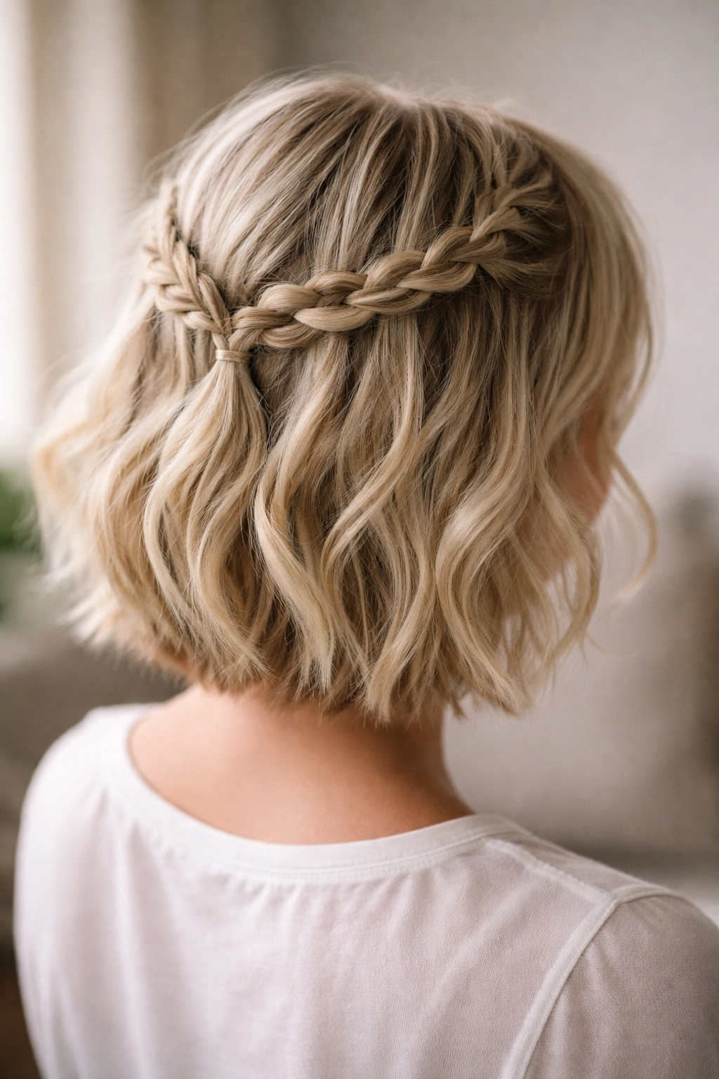 Two side braids meeting at back center to form a crown on short blonde hair