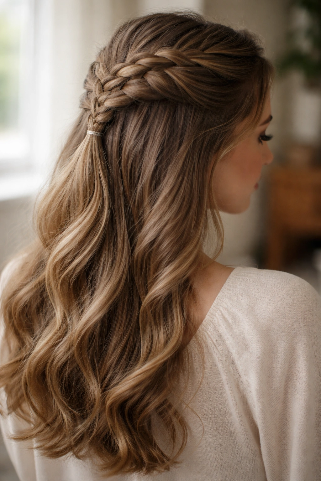 Close-up of a half-up French braid framing the crown with loose waves.