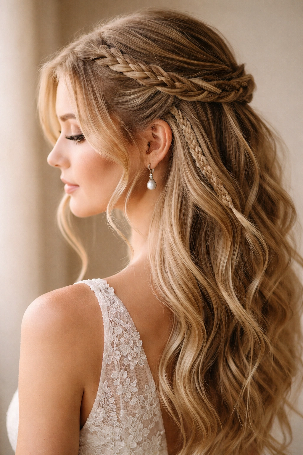 Side view of a half-up braid with micro-braids on fine hair