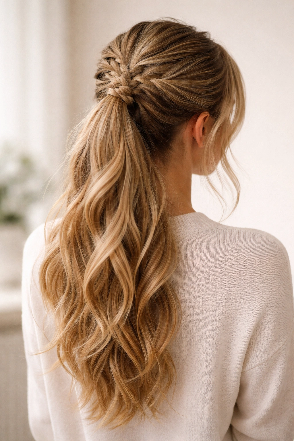 Upper braid tied into a ponytail with hair left down