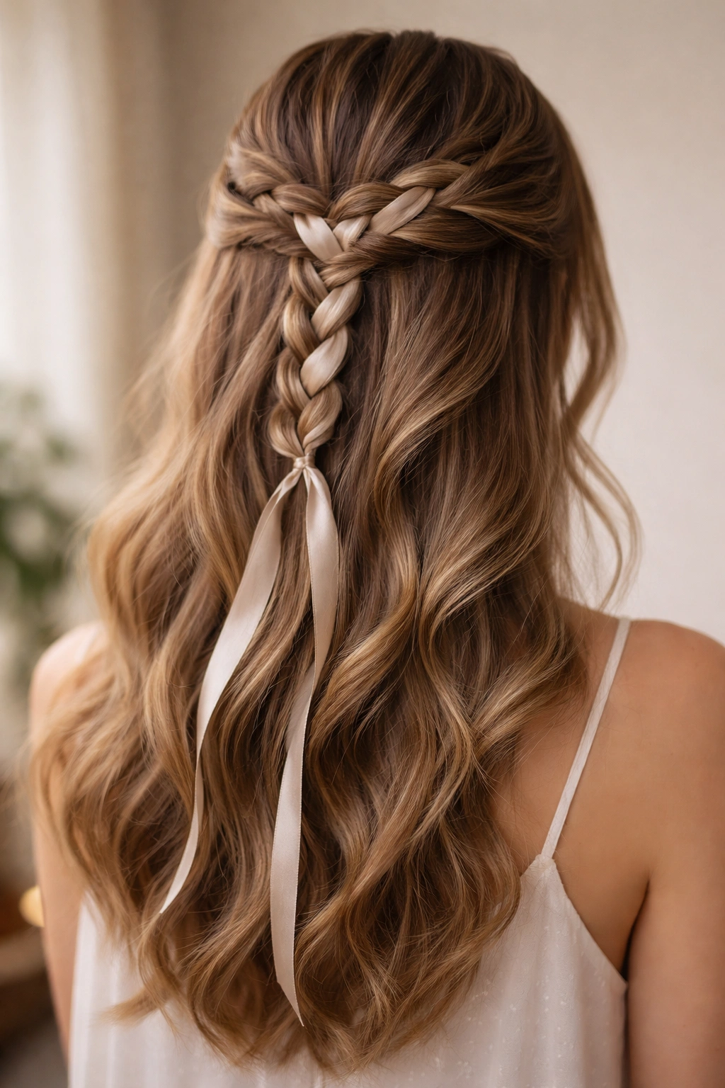 Half-up braid with ribbon woven through, ribbon visible in braid