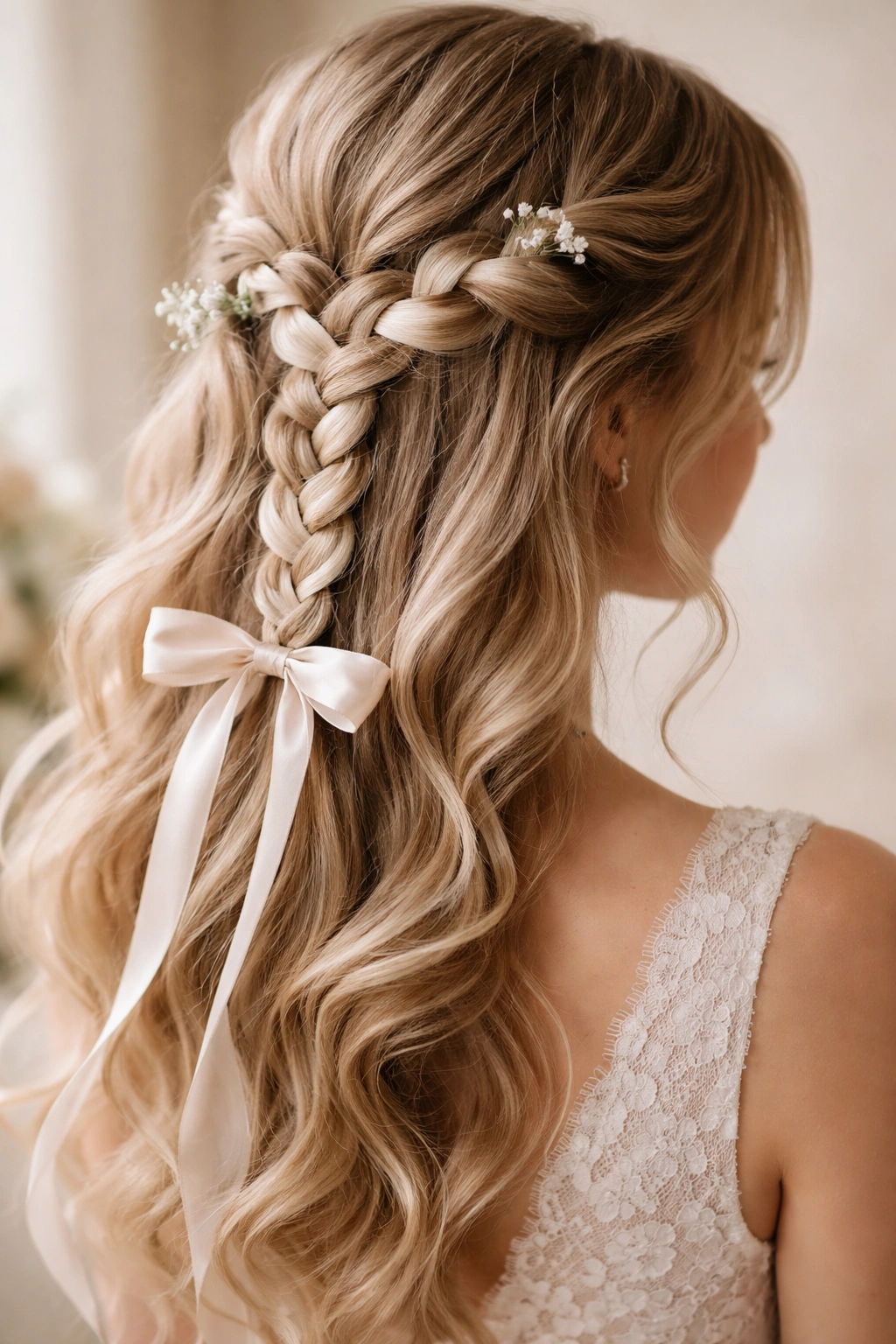 Close-up of a bridal hairstyle showing a three-strand braid woven with a delicate ribbon from the side toward the back