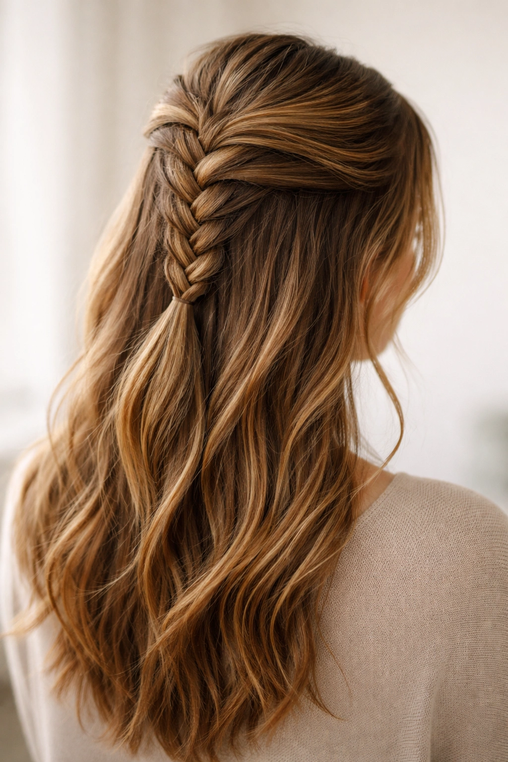 Close-up of a half-up French braid on second-day hair with top braid and flowing bottom hair