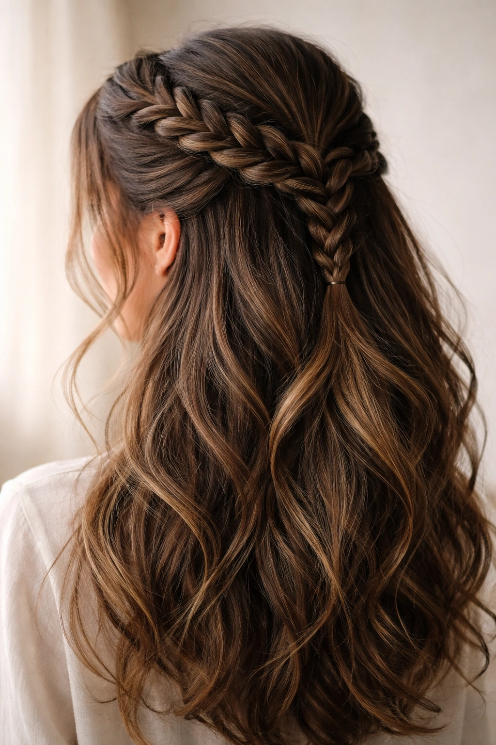 Thick hair with a crown French braid ending at the ear and loose textured hair below