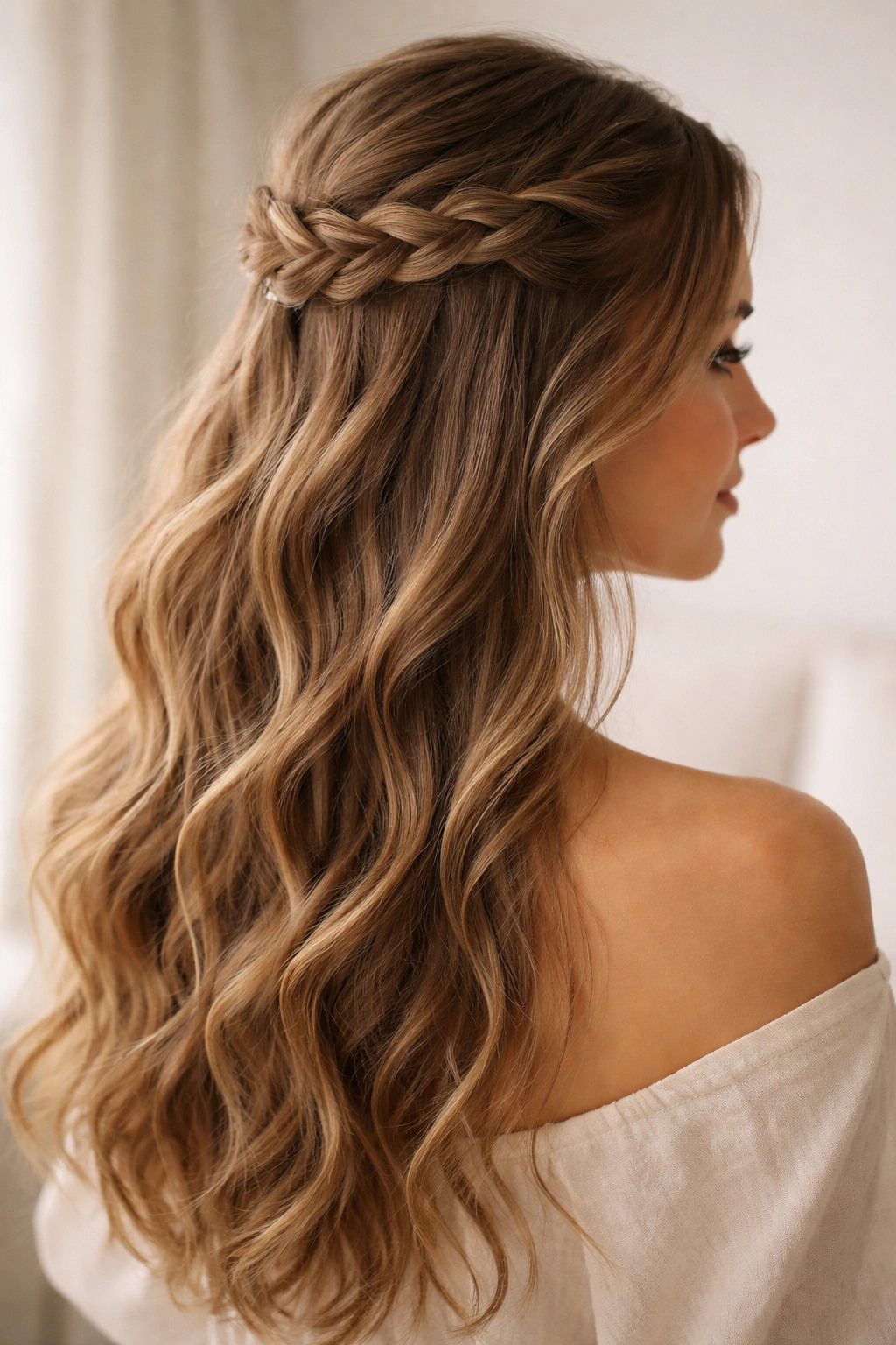 Half-up French braid with waves cascading below