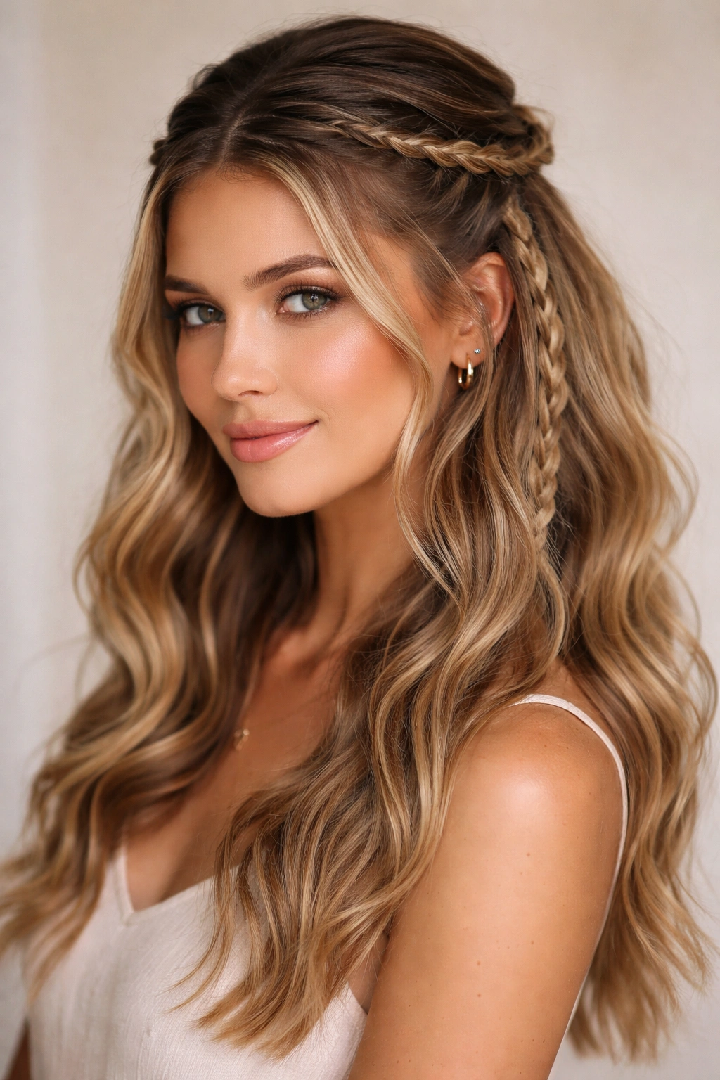 Half-up hairstyle with braided sections and waves