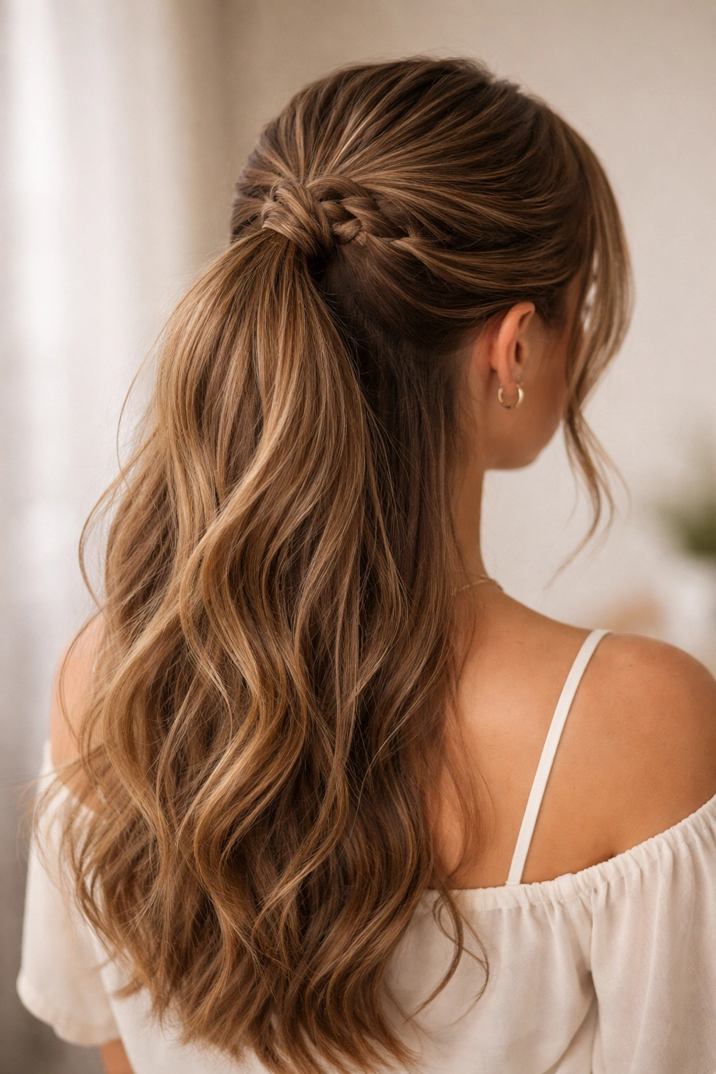 Close-up of Half-Up Braided Mid Ponytail with top braid and loose bottom hair