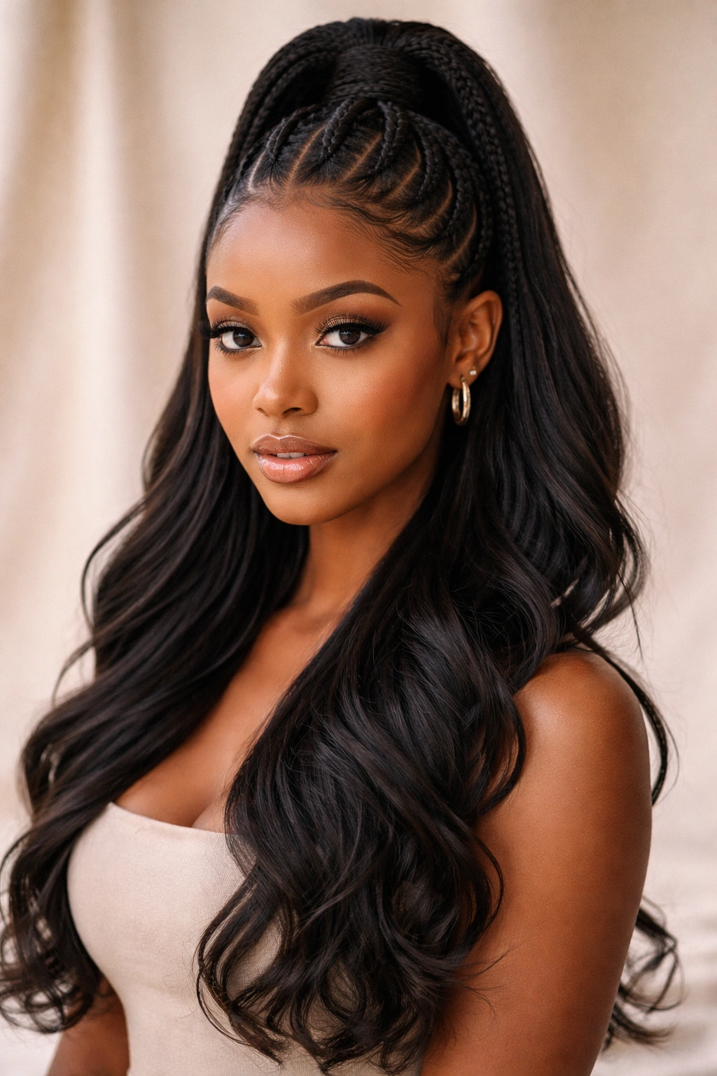 Half-up braided crown at top with loose hair flowing down