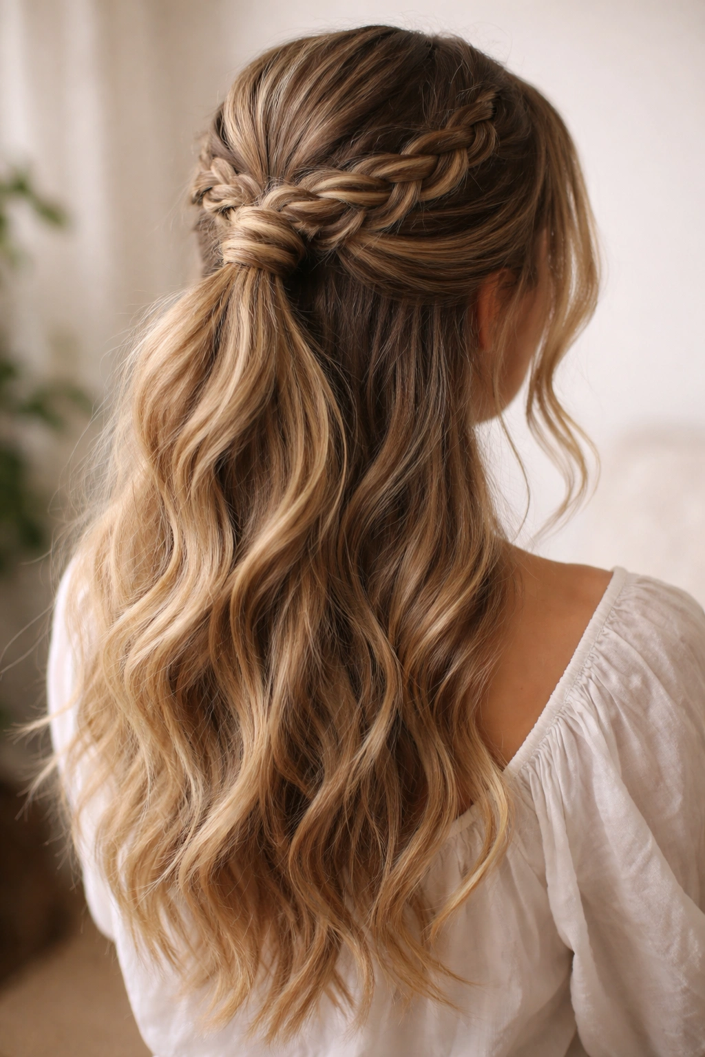 Back view of half-up braided ponytail with crown braid and flowing waves