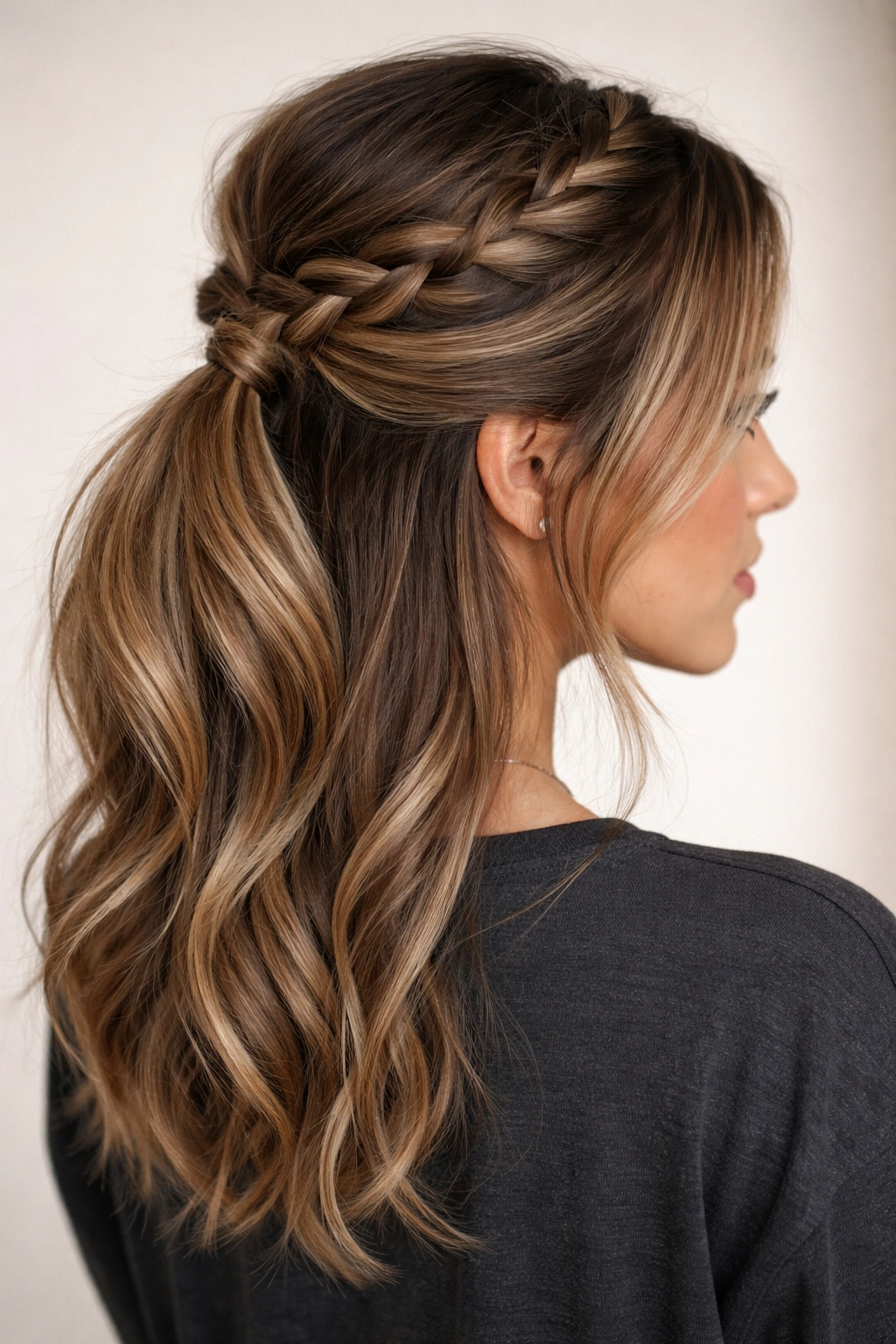 Half-up braided crown with twisted sides forming a ponytail.