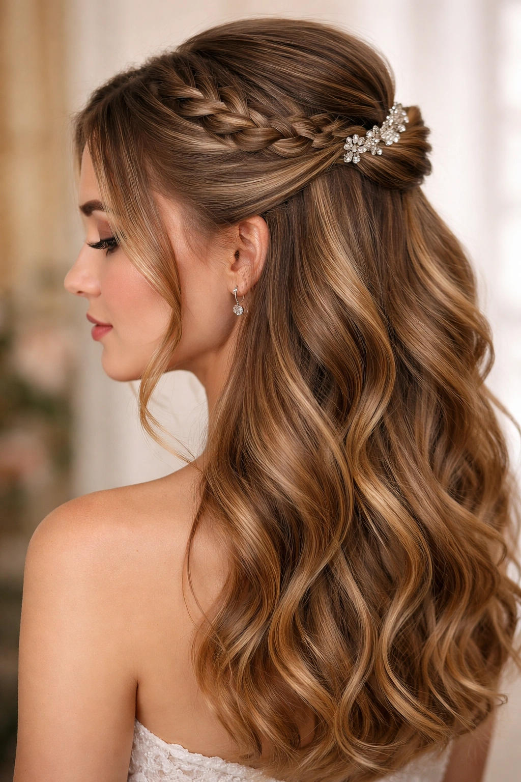 Half-up with braided side section featuring a braid feeding into the gathered upper hair.
