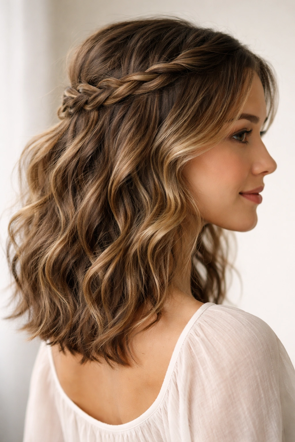 Half-up braided twist on wavy hair with a relaxed crown