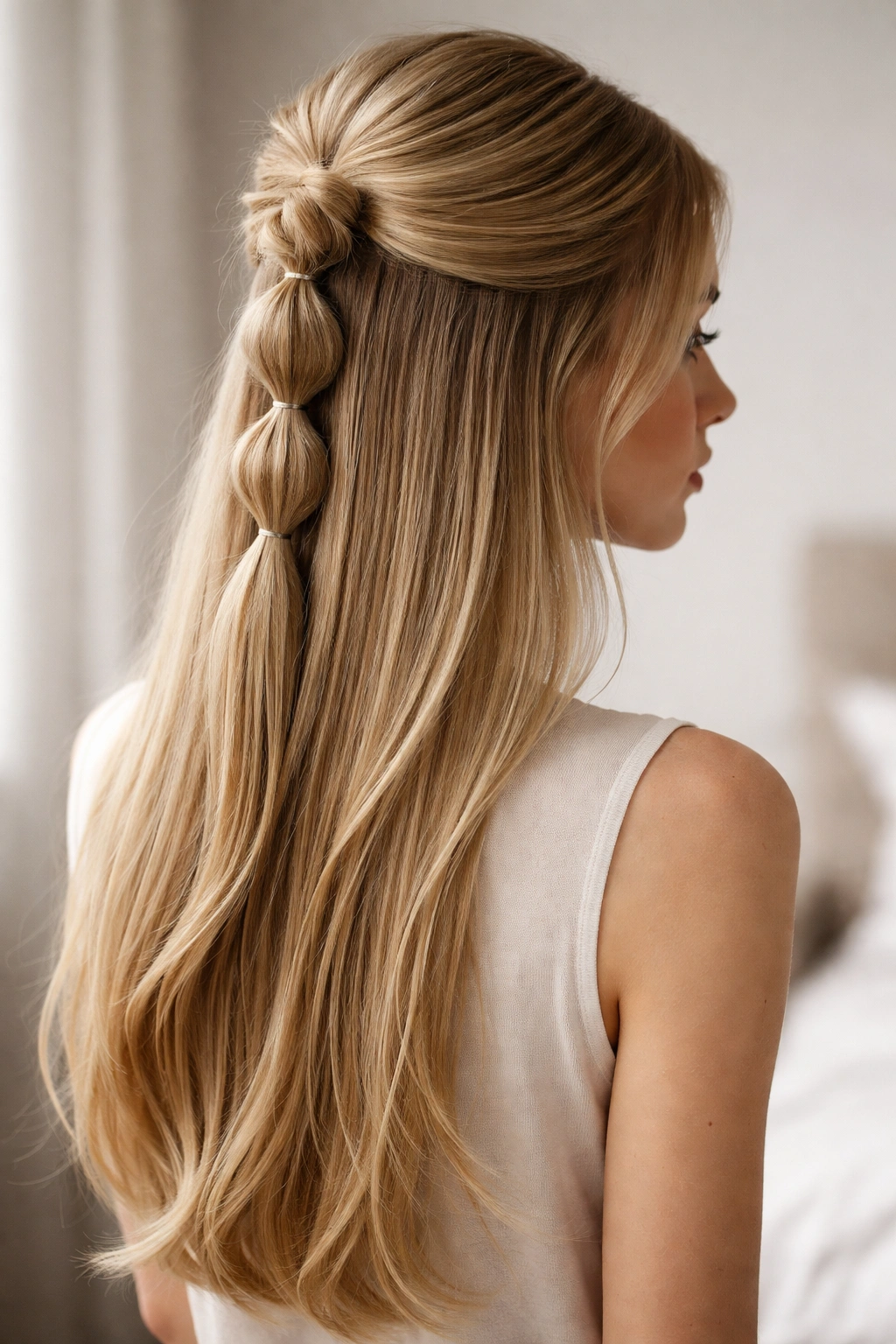 Half-up bubble braid with crown volume and loose straight hair