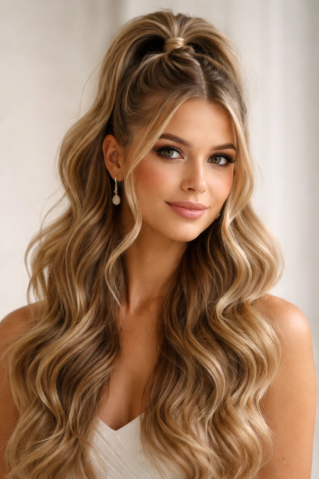 Close-up of a half-up bubble braid hairstyle with bubble sections along the ponytail