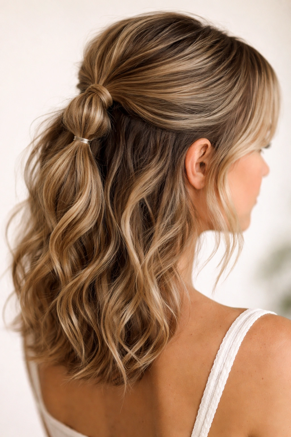 Half-up bubble pony hairstyle with two elastic bubbles on top of head