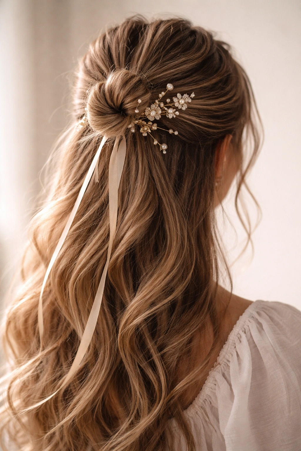 Close-up of a half-up bun with delicate accessories like clips and ribbons
