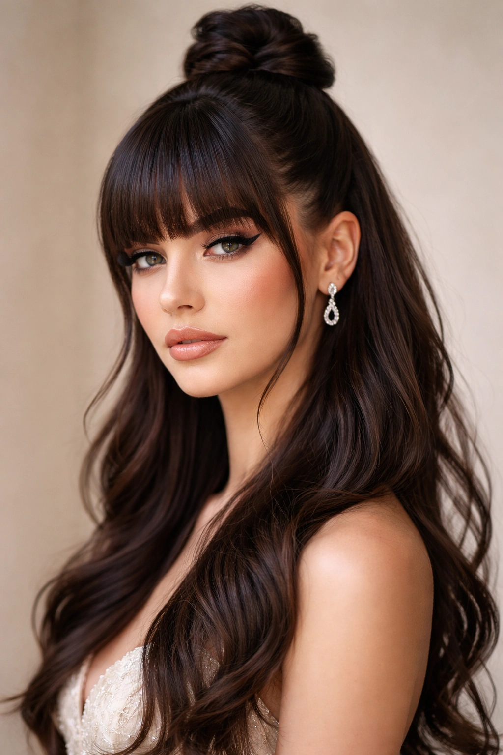Close-up portrait of a person with a sleek high half bun and blunt bangs.