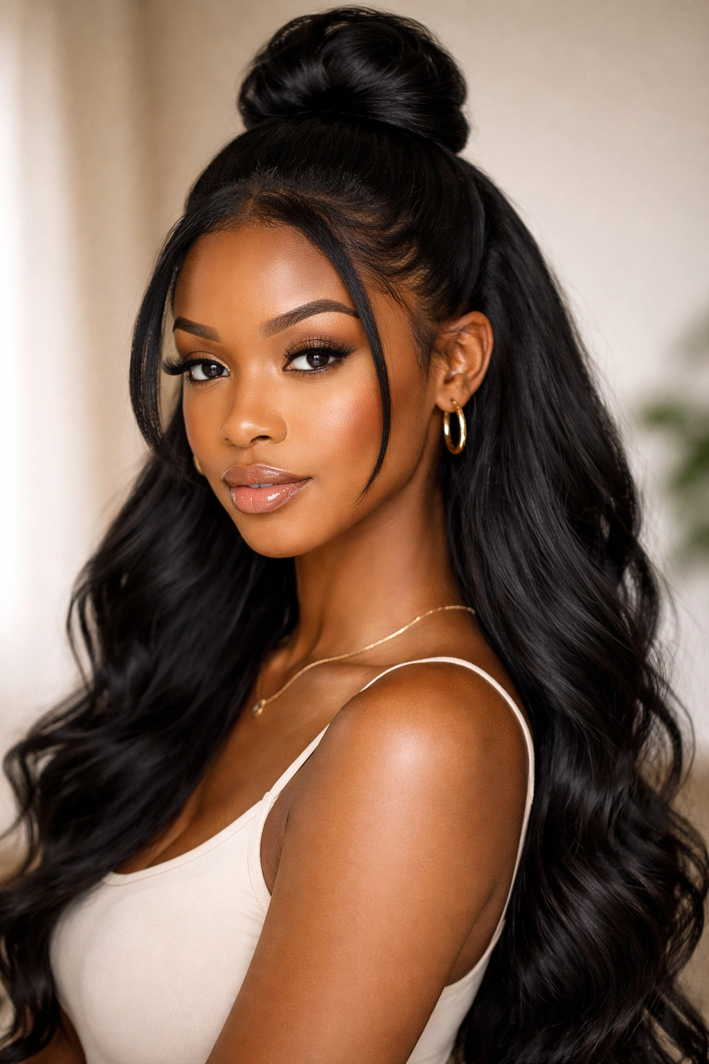 Classic Half Up Bun hairstyle on Black woman with crown bun and flowing length