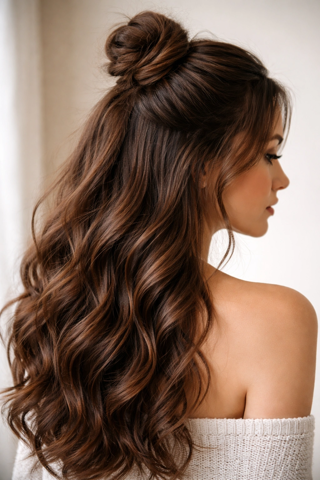 Brown wavy hair in a half-up loose bun with cascading waves