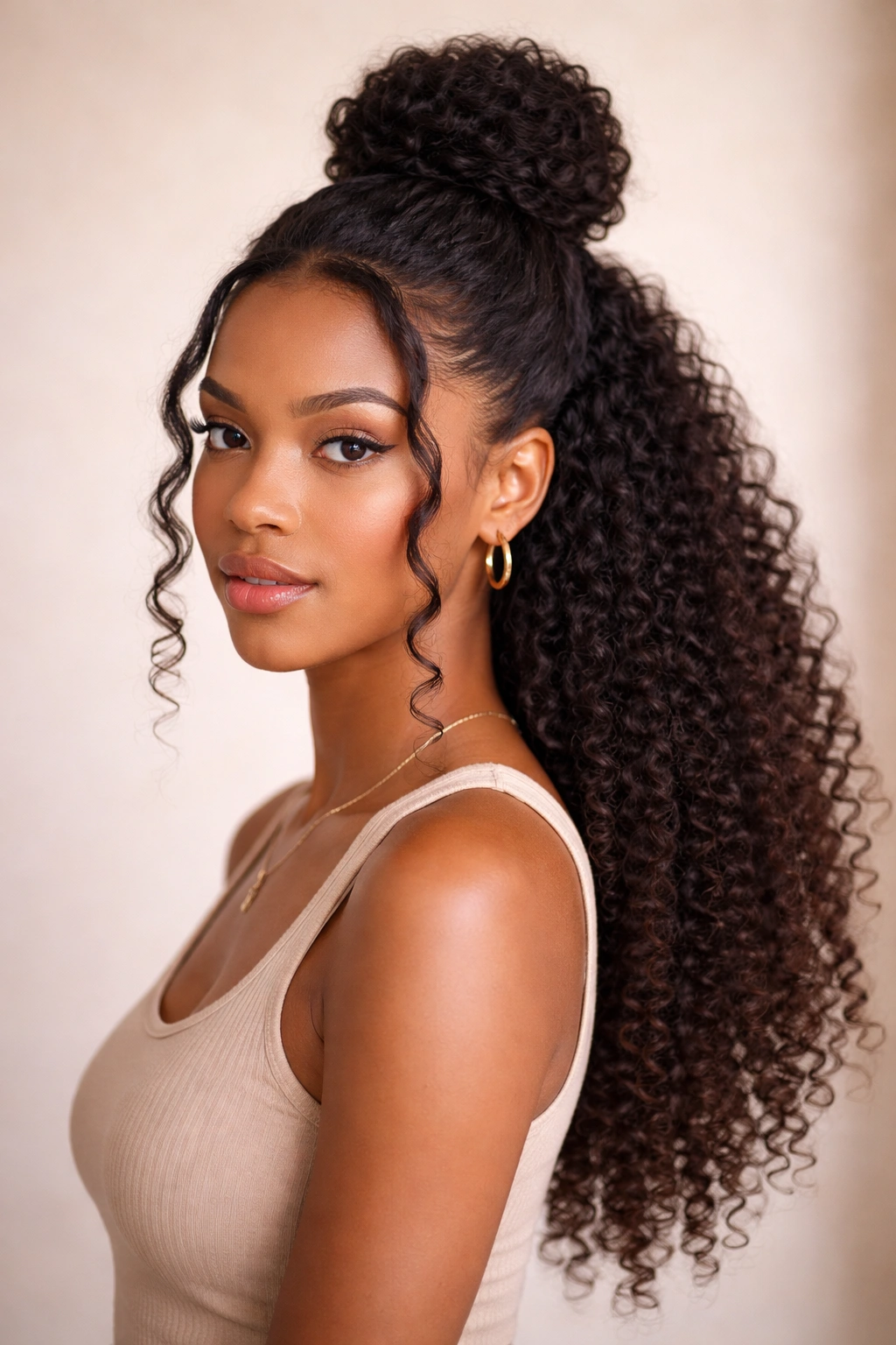 Half-up coily bun with face-framing curls around the cheeks