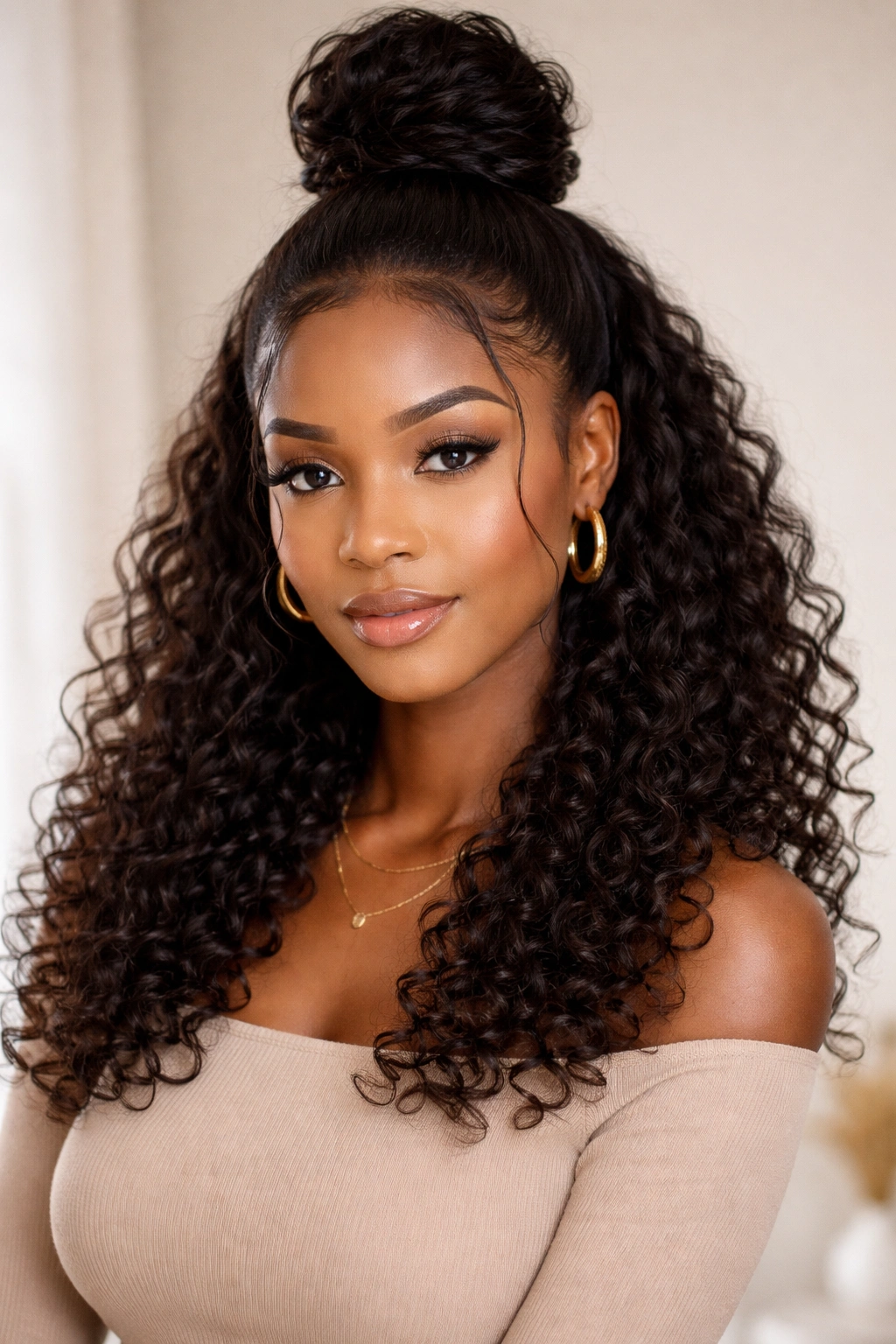 Close-up of a Black woman in a half up bun with curly ends hairstyle