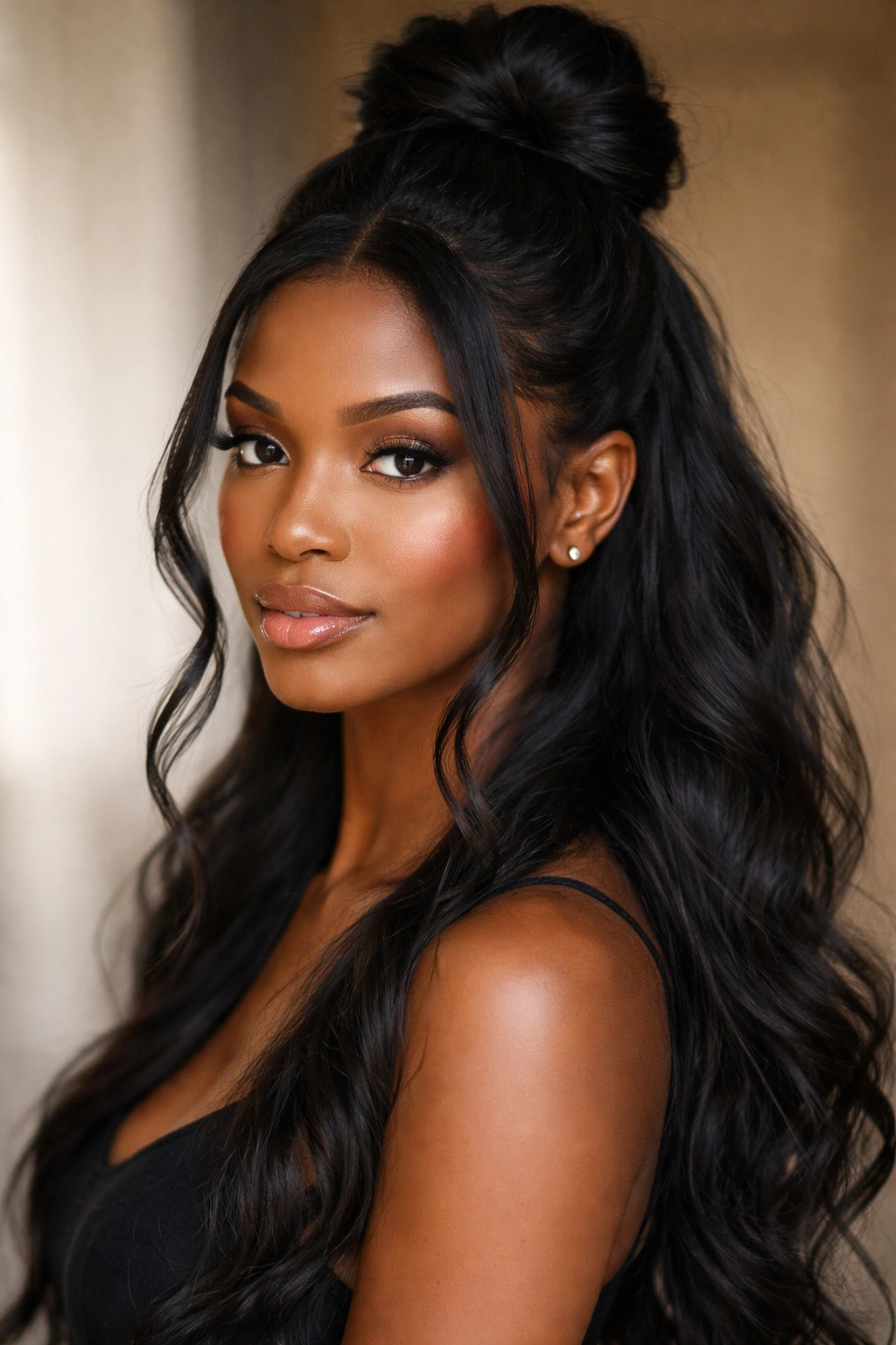 Half up bun with face-framing pulled strands