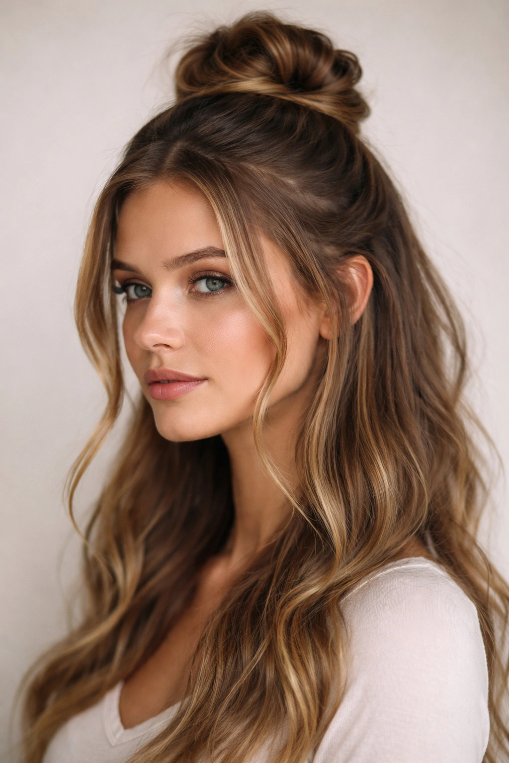 Close-up of classic half-up bun with face-framing pieces on textured waves