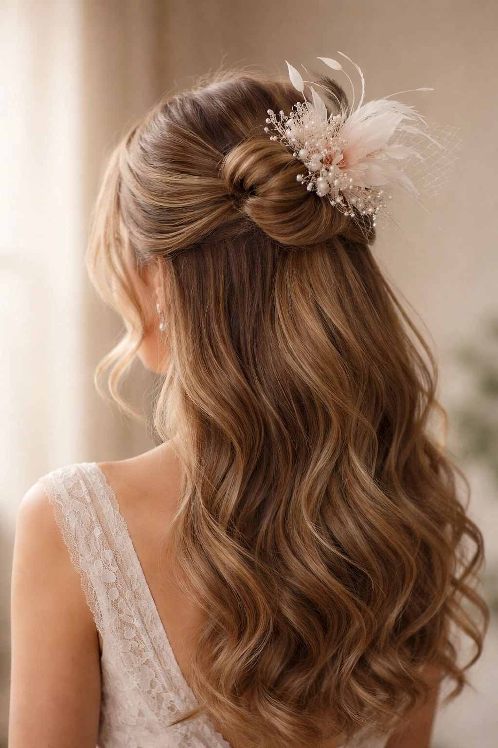 Close-up of half-up bun with decorative fascinator in studio portrait