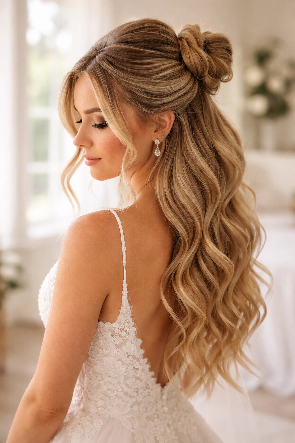 Bride with half up bun and framing pieces hairstyle