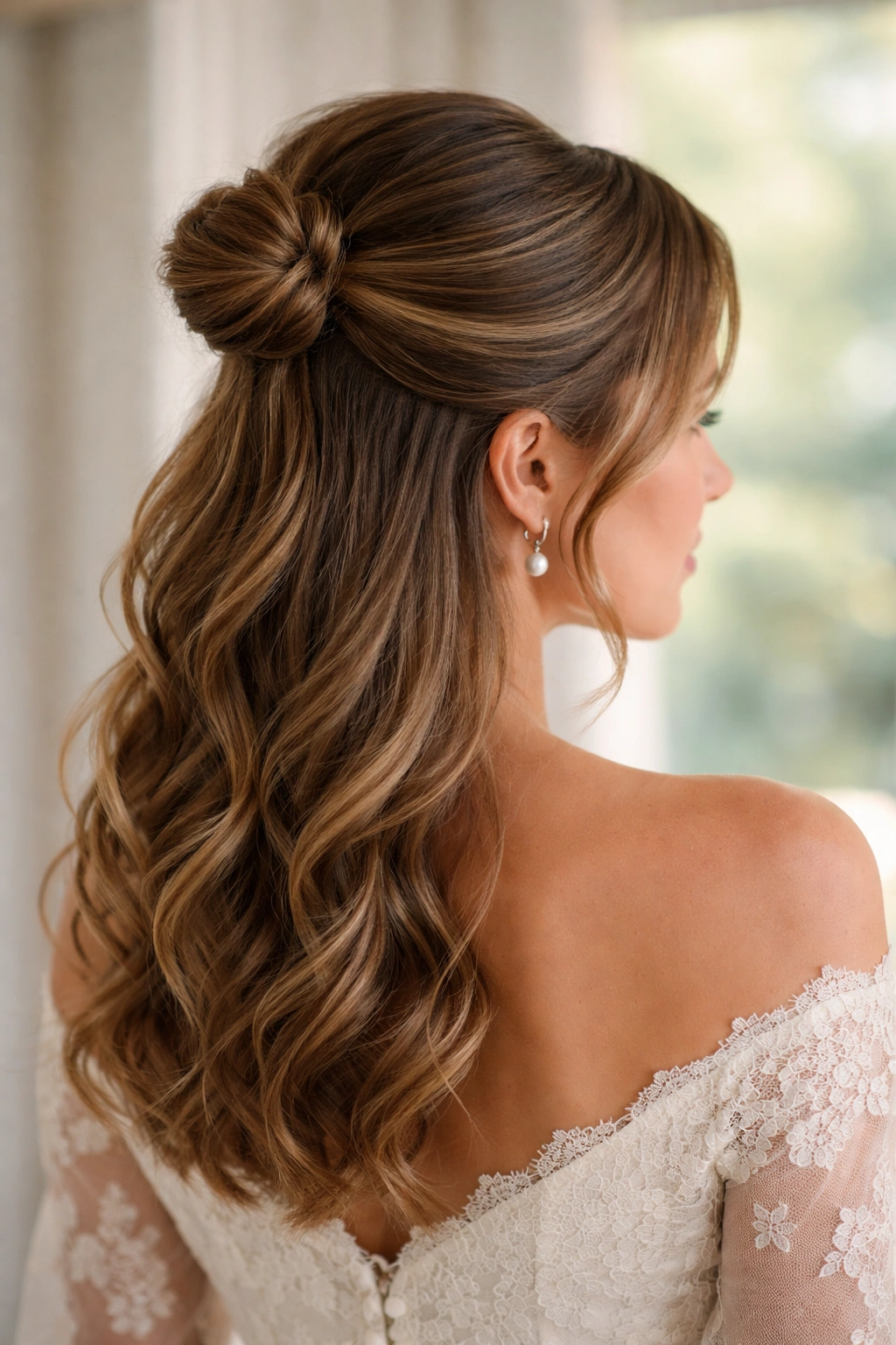 Close-up of Classic Half Up Bun with smooth crown and polished bun, loose waves below