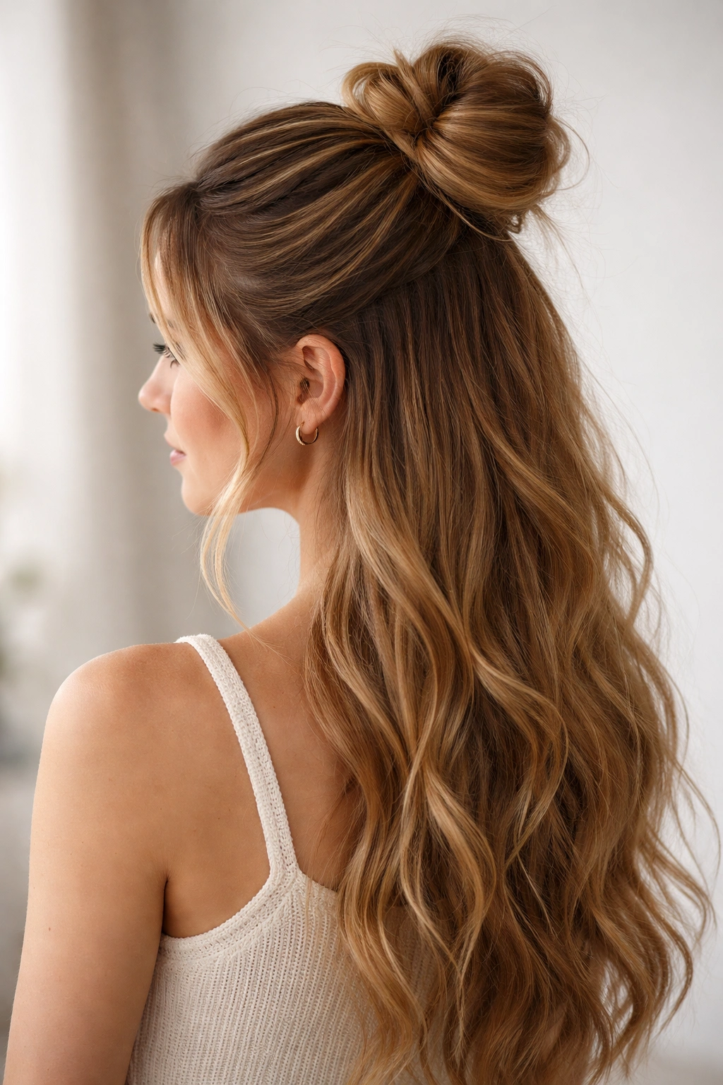 Side/back view of a long-haired model with a loose half-up bun and flowing hair