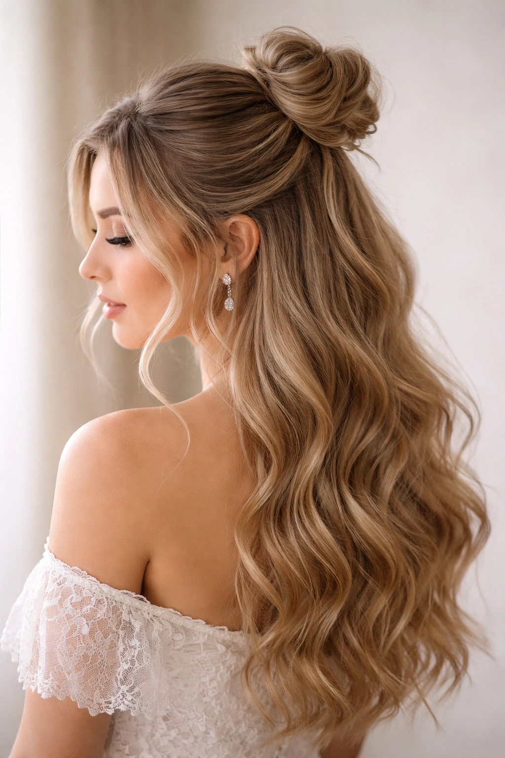 Close-up of The Half-Up Bun Hybrid hairstyle with a loose crown bun and flowing hair