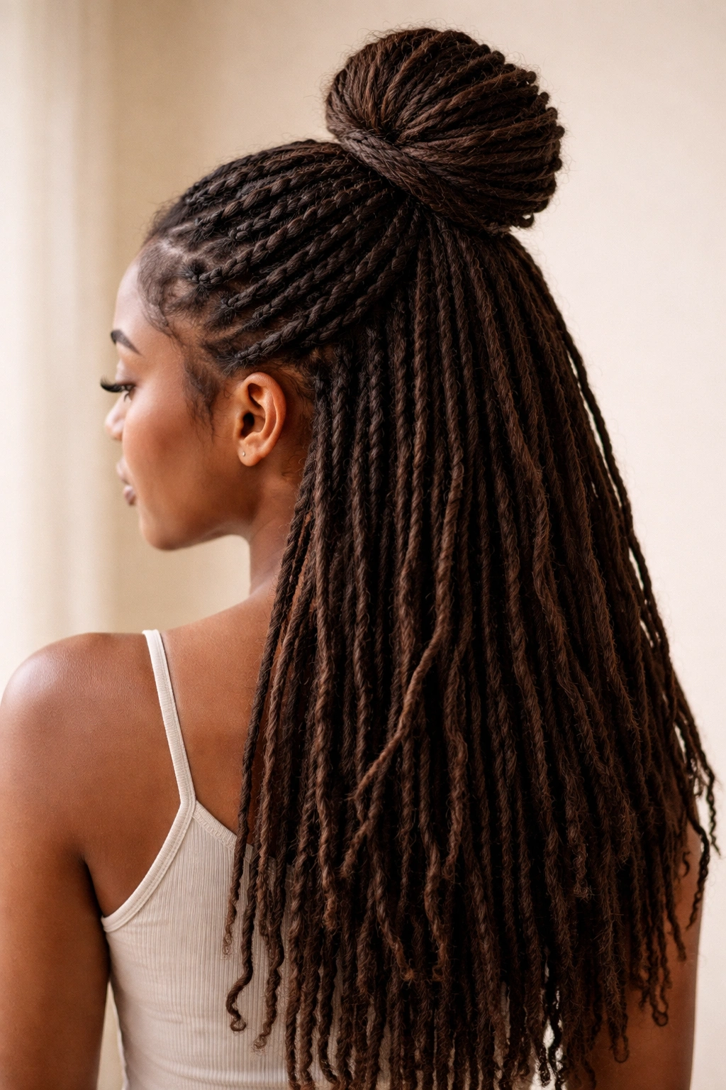 Close-up of a high half-up bun on locs with crown elevation